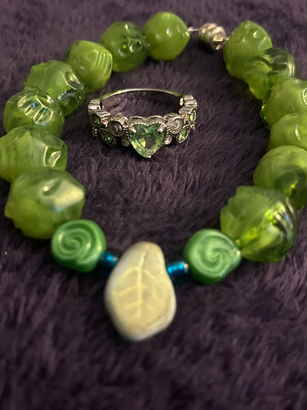 Green Heart Gemstone Ring with Green Beaded Bracelet